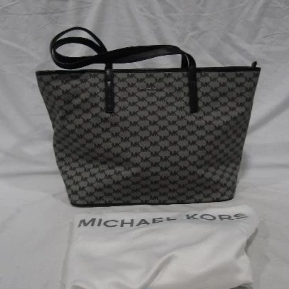 EUC Michael Kors Emry Signature Canvas Black Grey Large Zip Tote w/ Dustbag - Picture 2 of 5